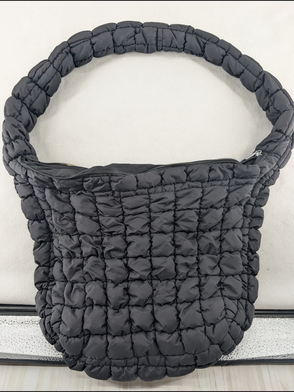 Black Quilted Puffer Shoulder Bag with Padded Handle